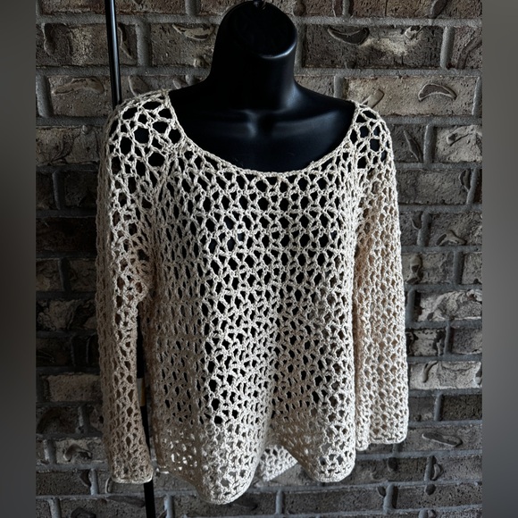 Free People Boho Crochet Knit Top XS Linen Cotton Open Weave Long Sleeve - Picture 2 of 10